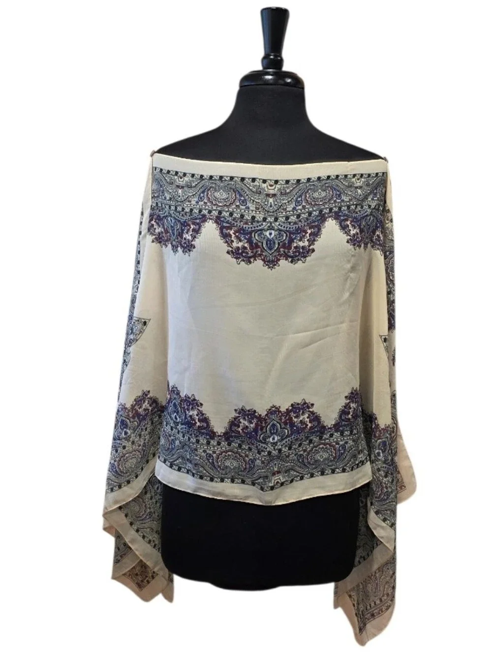 Vintage Y2K Poncho Cream Scarf Boho Print Adjustable Wrap Top Festival Vibes